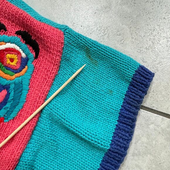 VINTAGE 80s Carole Little Colorful Floral Handknit Short Sleeve Cardigan Sz M - Picture 7 of 8